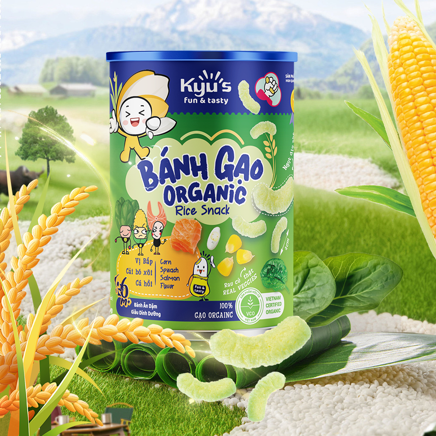 Bánh Gạo Organic Kyu's vị Bắp, Cải Bó Xôi, Cá Hồi 30g