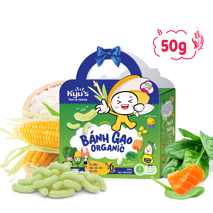 Bánh Gạo Organic Kyu's vị Bắp, Cải Bó Xôi, Cá Hồi 50g